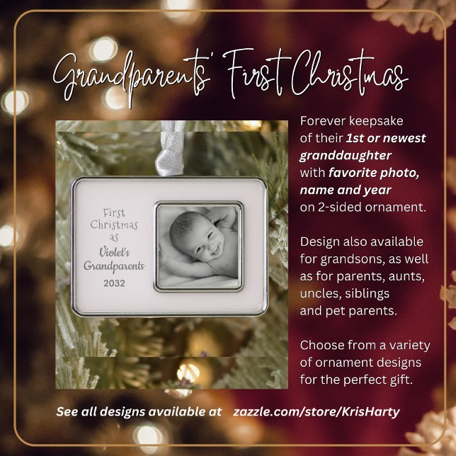 Großeltern 1. Personalisiertes Foto Weihnachten Na Rahmen-Ornament Silber (Grandparents' First Christmas with 1st or Newest Granddaughter. Gift them forever photo keepsake.)