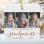 Großeltern 1. Weihnachts 3. Foto Burgundy Script Keramikornament<br><div class="desc">Helfen Sie ihnen, mit diesem schönen modernen Sake-Ornament an das erste Weihnachtsfest ihres Enkels zu erinnern. Der graue Text lautet "Unsere ersten Weihnachten als Großeltern", mit dem Wort "Großeltern" in der eleganten bordeauxroten Schrift mit Schnörkeln vor und nach. Ersetzen Sie die drei Beispielbilder durch Ihre bevorzugten vertikalen Fotos, und fügen...</div>