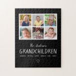 Großeltern 6 Foto Collage Personalisiert Schwarz Puzzle<br><div class="desc">Dieses Sake-Puzzle ist ein lustiges Geschenk für Großeltern. Es verfügt über eine 6-Foto-BilderCollage für die Enkel. Das Design bietet einen benutzerdefinierten Text für die Namen der Enkel. Die Hintergrundfarbe ist schwarz.</div>