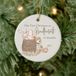 Großeltern First Christmas Foto und Teddy Bear Keramik Ornament<br><div class="desc">Unsere ersten Weihnachten als Großeltern mit Ihrem Foto auf der Rückseite und traditionellen boho Kinderzimmer Design auf der Vorderseite. Sie können auch mit dem Namen des Babys und dem Jahr personalisieren. Das Babydesign ist mit einem Teddybär, einem Spielwarenkorb, einem Hund und einem Holzspielzeug gestaltet. Personalisieren Sie mit Ihren Namen und...</div>