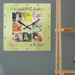 Großeltern Foto Collage Rustic Green Watercolor<br><div class="desc">Erstellen Sie Ihre eigene, einzigartige Wanduhr für Großeltern mit 8 Ihrer bevorzugten Fotos. Handschrift in schöner Kalligrafie, lautet die Formulierung "ein Enkellachen ist Sonnenschein im Haus". Das Design hat eine weiche grüne Aquarellfarbe mit Olivgrün und gelber Typografie. Ihre Bilder werden in quadratischem Format dargestellt und sind brüchig.Die Vorlage ist für...</div>