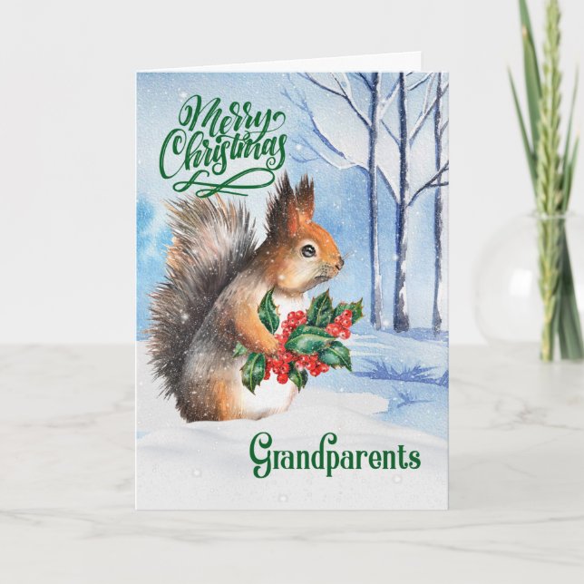 Großeltern Weihnachtshörnchen Winterwald Feiertagskarte (Vorderseite)