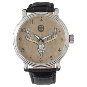Großer Antler-Whitetail-Hirsch-Skull-Monogramm Armbanduhr
