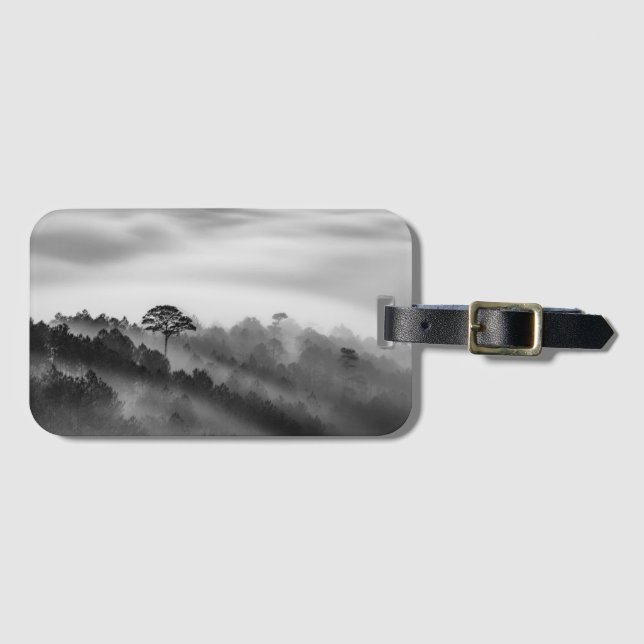 Großer Baum im Kiefern-Wald im Nebel Gepäckanhänger (Vorderseite (Horizontal))