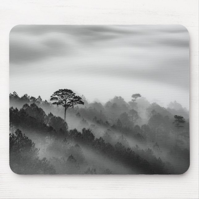 Großer Baum im Kiefern-Wald im Nebel Mousepad (Vorne)