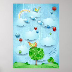 Großer Baum und fliegende Fische Poster