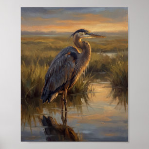 Großer Blau Reiher in Golden Salt Marsh Öl P Poster