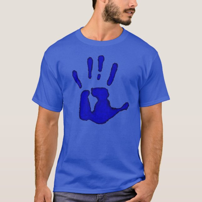 Großer blauer Handdruck T-Shirt (Vorderseite)