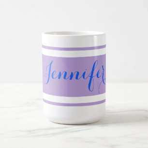 Großer blauer Schriftname, lila Streifen auf Weiß Kaffeetasse