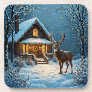 Großer Bock besucht ein verschneites Weihnachten Getränkeuntersetzer
