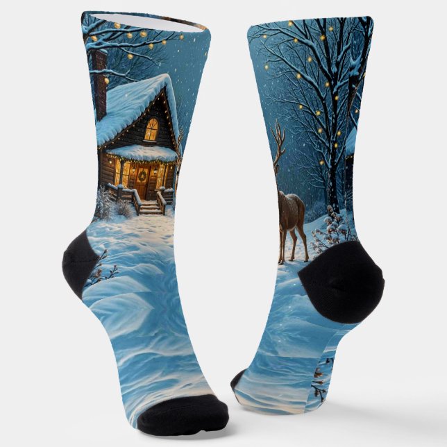 Großer Bock besucht ein verschneites Weihnachten Socken (Gewinkelt)