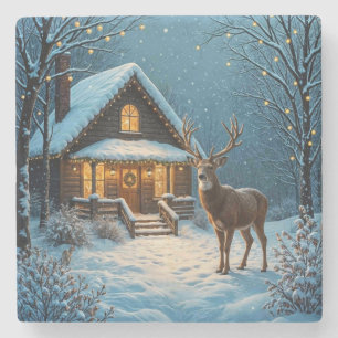 Großer Bock besucht ein verschneites Weihnachten Steinuntersetzer