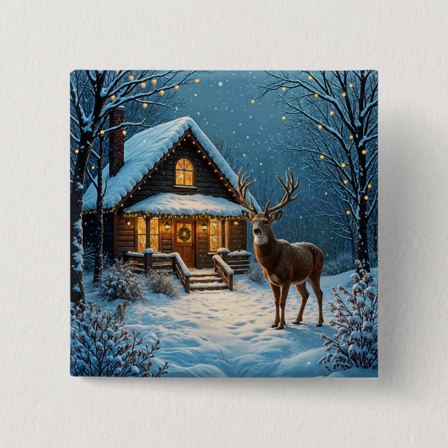 Großer Bock besucht ein verschneites Weihnachtsfes Button (Vorderseite)