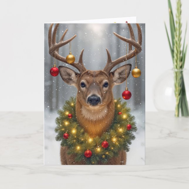 Großer Bock mit leuchtendem Weihnachtskranz Karte (Vorderseite)