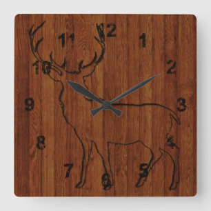 Großer Bockhirsch in Holz geschnitzt Gedruckt Quadratische Wanduhr