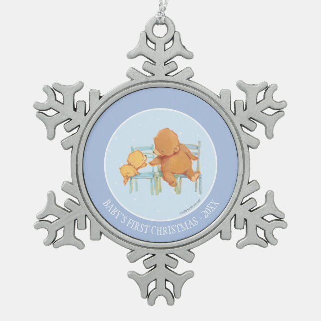 Großer Braunbär hilft wenig gelber Bär Schneeflocken Zinn-Ornament (Vorderseite)