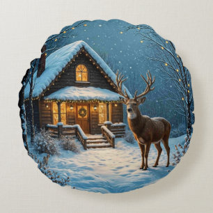 Großer Bucks Weihnachtsbesuch im Schnee Rundes Kissen