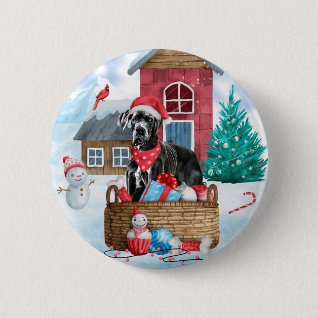 Großer Dane Hund im Schnee Weihnachtshundehaus Button (Vorderseite)