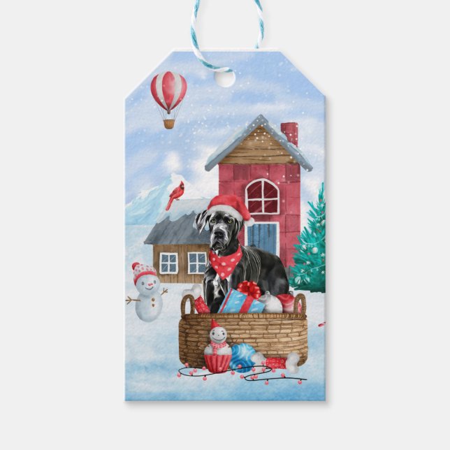 Großer Dane Hund im Schnee Weihnachtshundehaus Geschenkanhänger (Vorderseite)