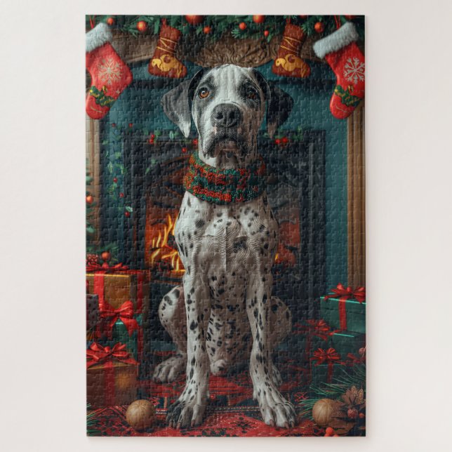 Großer Dane Hund mit Weihnachtsgeschenken Feuerpla Puzzle (Vertikal)