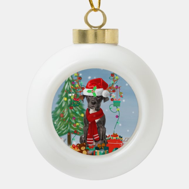 Großer Dane Hund mit Weihnachtsgeschenken Keramik Kugel-Ornament (Vorderseite)