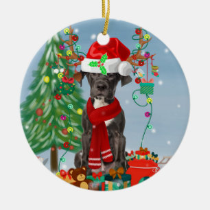 Großer Dane Hund mit Weihnachtsgeschenken Keramik Ornament