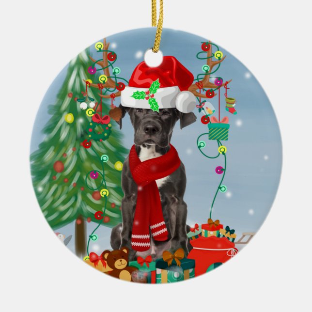 Großer Dane Hund mit Weihnachtsgeschenken Keramik Ornament (Vorne)
