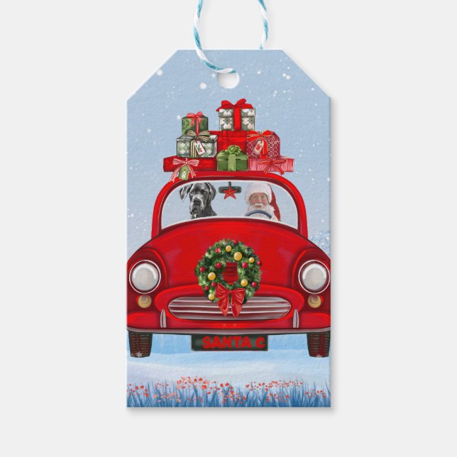 Großer Dänen-Hund in Auto mit dem Weihnachtsmann Geschenkanhänger (Vorderseite)