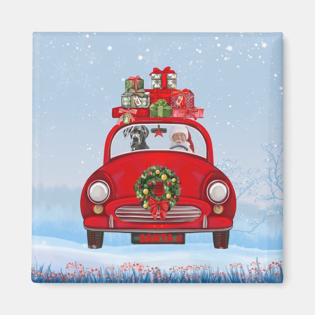 Großer Dänen-Hund in Auto mit dem Weihnachtsmann Magnet (Vorne)