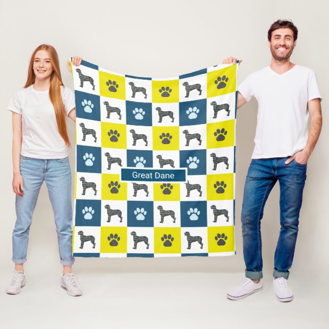 Großer Dog & Paw Print Yellow Grid Silhouette Fleecedecke (Beispiel)