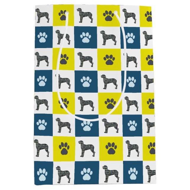 Großer Dog & Paw Print Yellow Grid Silhouette Mittlere Geschenktüte (Vorderseite)