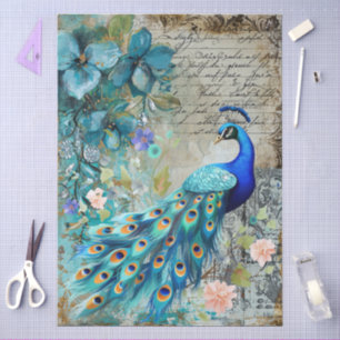 Großer eleganter Pfau, Blumen & Schrift-Dekoupage Seidenpapier