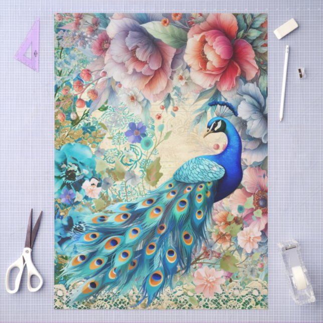 Grosser eleganter Pfau, Florals & Lace Decoupage Seidenpapier (Basteln)