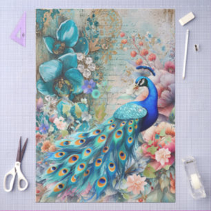 Großer Eleganter Pfau und florale Decoupage Seidenpapier