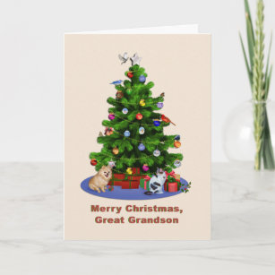 Großer Enkel, froher Weihnachtsbaum, Vögel, Hund Feiertagskarte