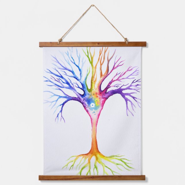 Großer farbenfroher neuronaler Baum Wandteppich Mit Holzrahmen (Vorderseite)