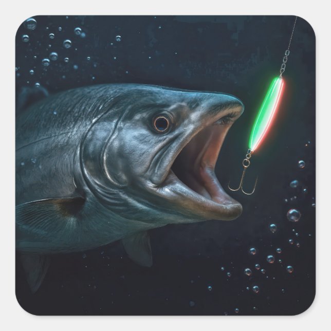 Großer Fisch mit Neonköder Quadratischer Aufkleber (Vorderseite)
