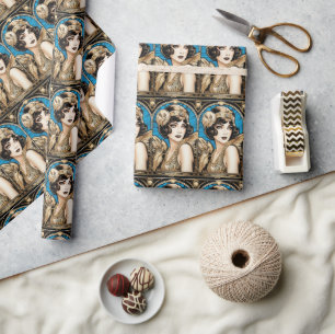 Großer Gatsby Flapper blau gold schwarz 1920er Jah Geschenkpapier