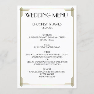 Großer Gatsby Weißer Art Deco Hochzeitsmenü Menükarte