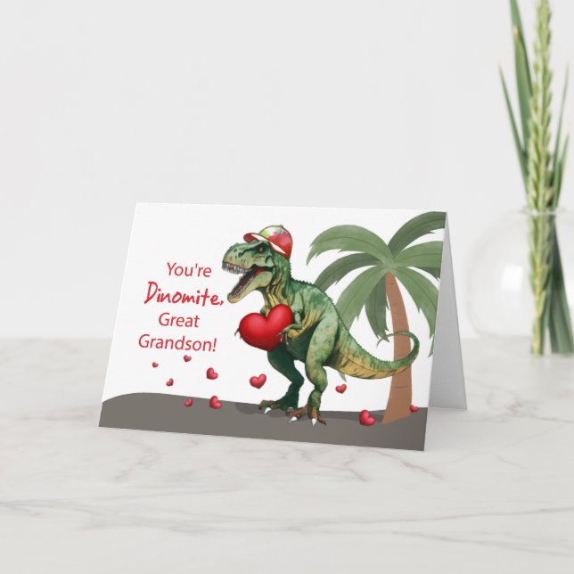 Großer Grandson Valentine Dinosaurerhut und Herz Karte (Vorderseite)