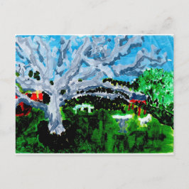 Grosser grauer Baum mit Sitzbänken Postkarte