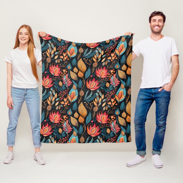 Großer Herbstblumen-Print Digitaler Folklore-Kunst Fleecedecke (Beispiel)