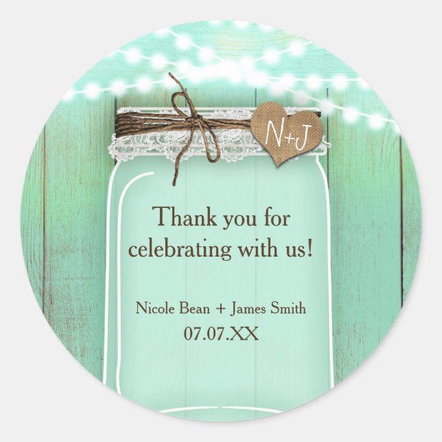 Grosser Mason Jar & Lights Minze Rustikale Gefalle Runder Aufkleber (Vorderseite)