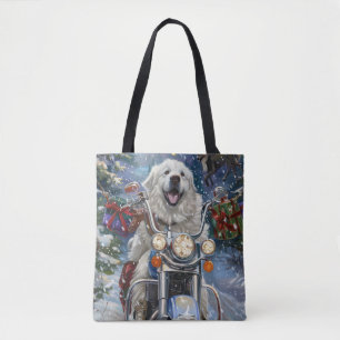 Großer Pyrenäen-Hund fährt Motorrad Weihnachten