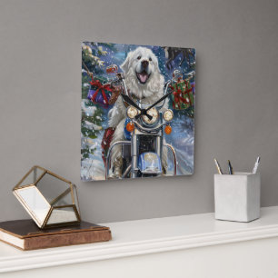 Großer Pyrenäen Hund fährt Motorrad Weihnachten Quadratische Wanduhr