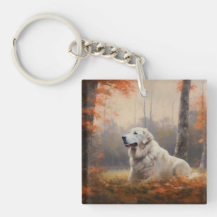 Großer Pyrenäenhund im Herbstlaubfall inspiriert Schlüsselanhänger