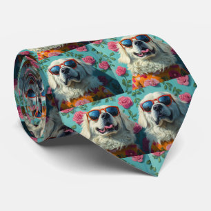 Großer Pyrenäenhund mit Herzrosen zum Valentinstag Krawatte