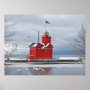 Großer roter Leuchtturm in Michigan mit Schwänen Poster