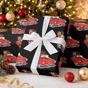 Großer roter Oldtimer, Geschenke & Weihnachtsmann  Geschenkpapier