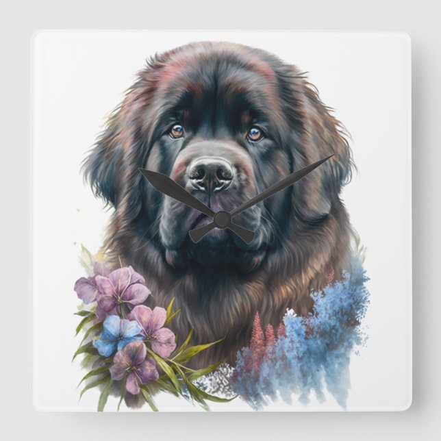 GROSSER SCHWARZER WASSERFARBE NEWFOUNDLAND HUND QUADRATISCHE WANDUHR (Vorderseite)
